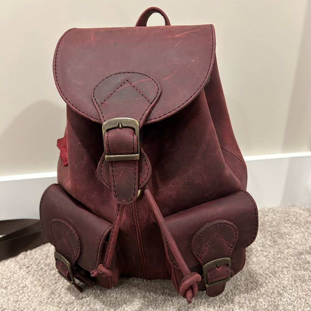 Vintage-Style Burgundy Leather Backpack